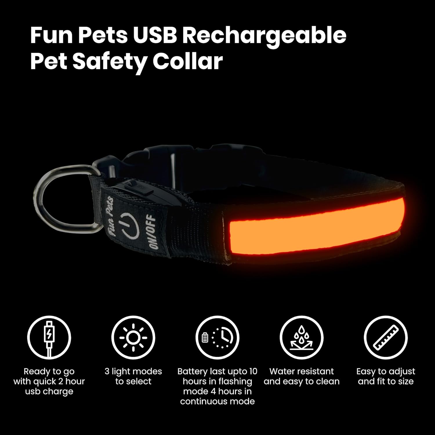 Fun Pets LED Obroża dla Psa USB – Świecąca Bezpieczna Pomarańczowa 40–50cm