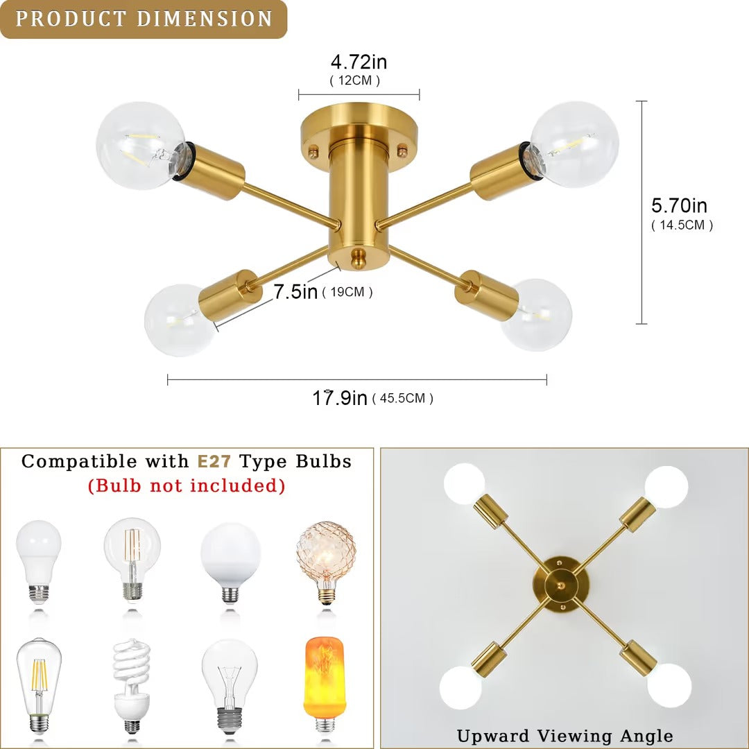 Nowoczesna Lampa Sufitowa Złota 4xE27 Plafon LED Industrial