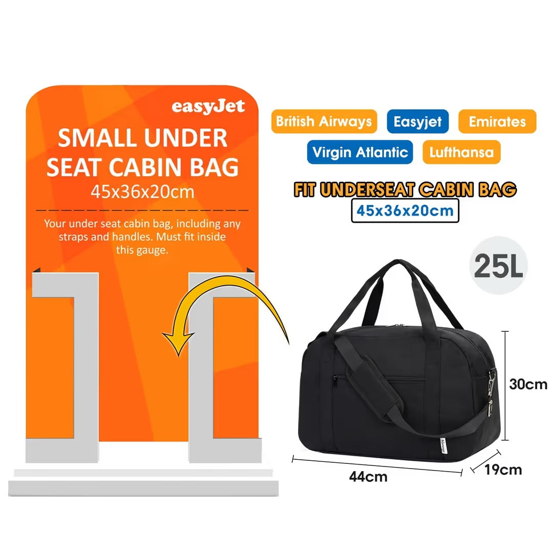 Torba podróżna bagaż podręczny do samolotu pod fotel Czarna 25L 44x30x19