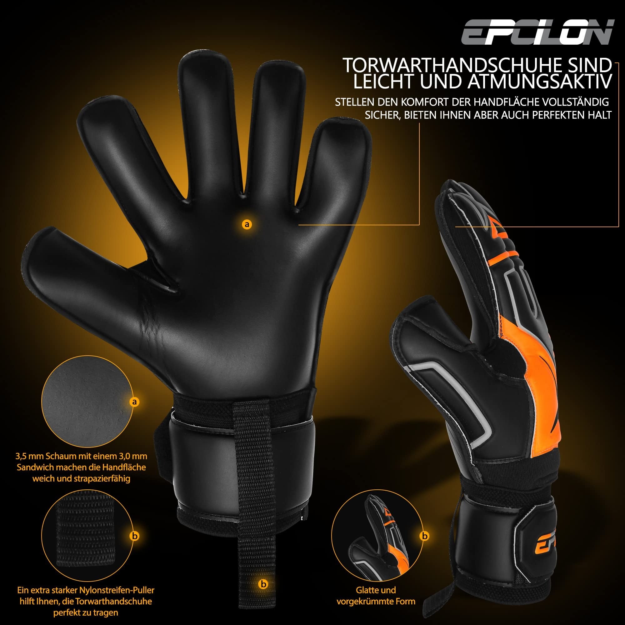 EPCILION Rękawice bramkarskie piłkarskie Fingersave Roz 5 pomarańczowe