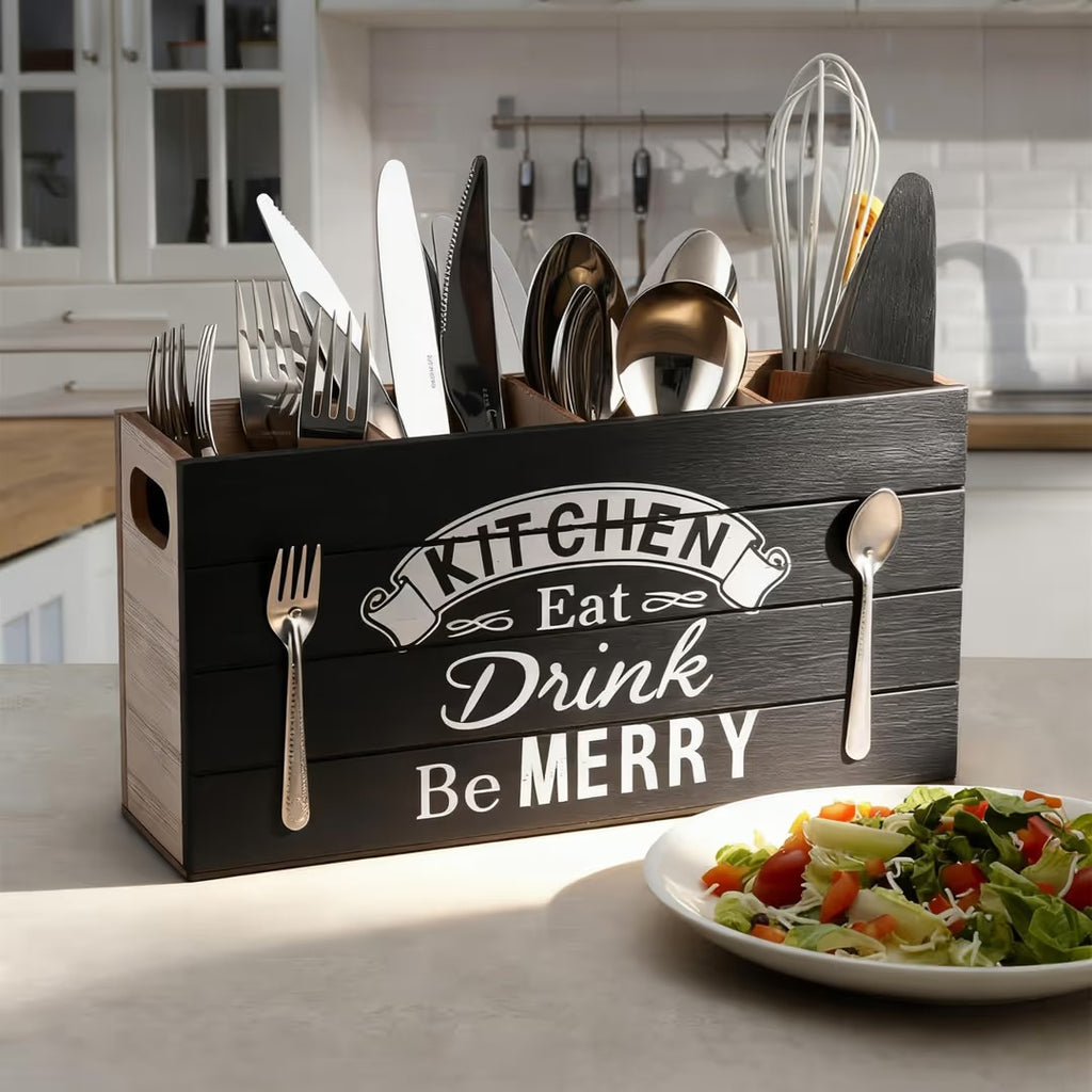 Organizer na sztućce drewniany Stojak kuchenny Stylowy 4 komory Retro