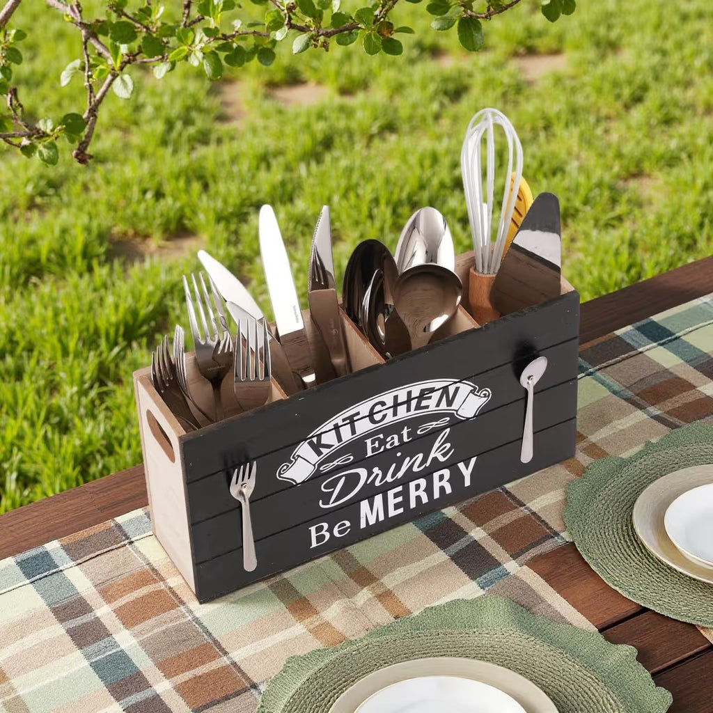Organizer na sztućce drewniany Stojak kuchenny Stylowy 4 komory Retro