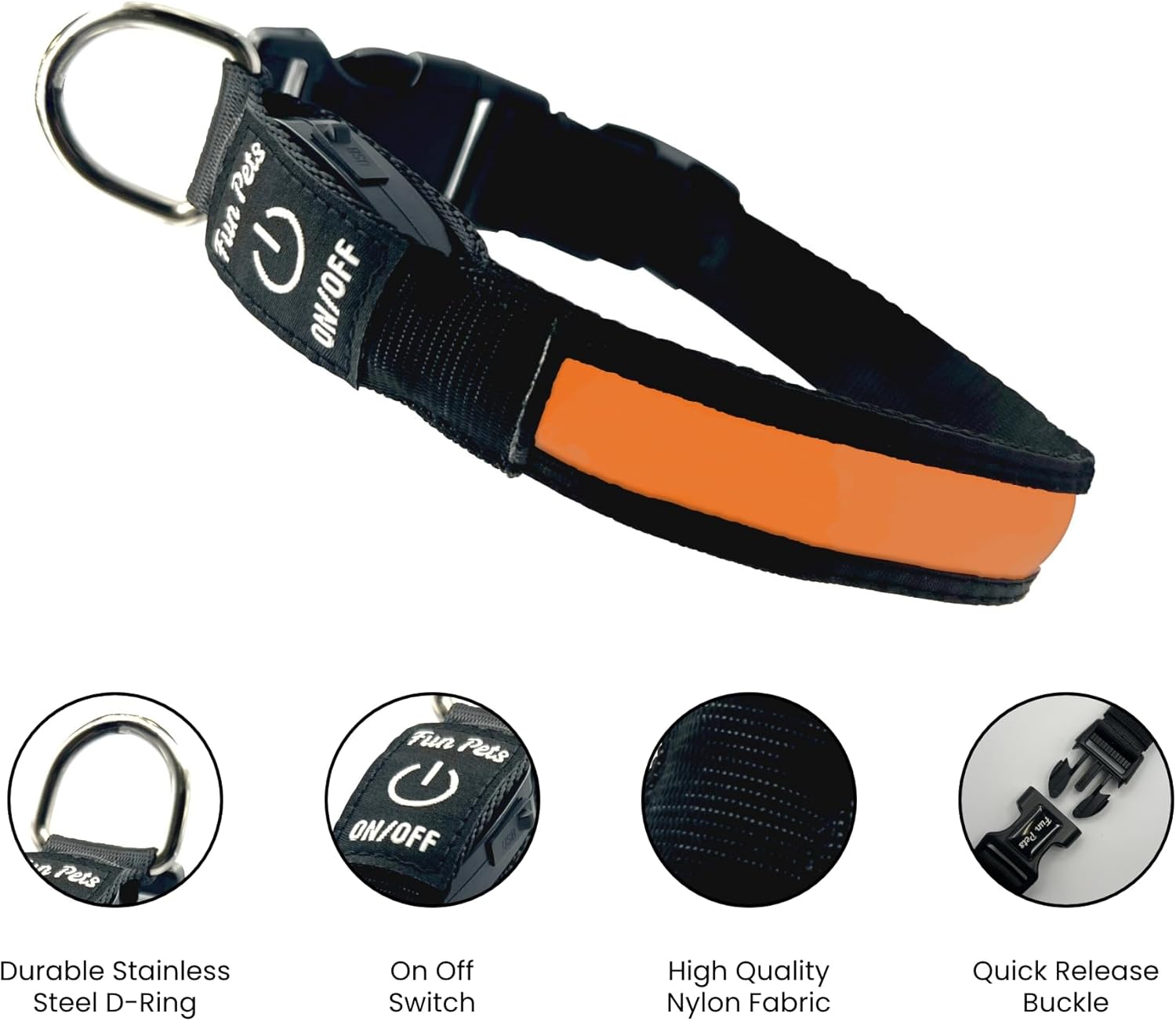 Fun Pets LED Obroża dla Psa USB – Świecąca Bezpieczna Pomarańczowa 40–50cm